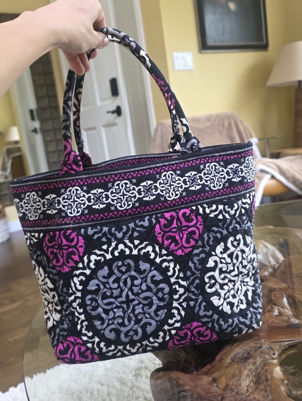 Vera Bradley Holiday Tote Bag , Canterberry Magenta, Black Pink White
